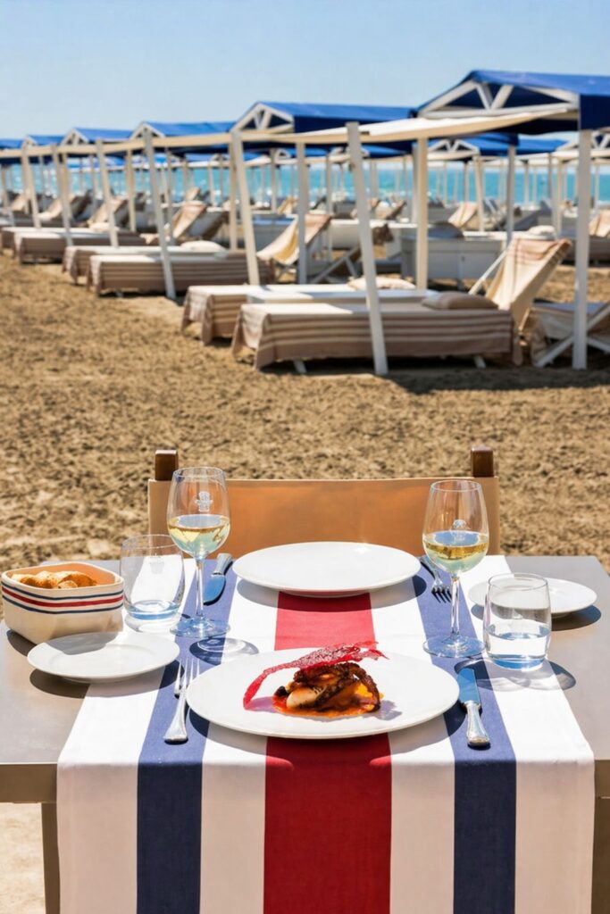 Augustus Hotel & Resort beach dining setup and cabanas, a polished Beach Hotels in Tuscany scene in Forte dei Marmi