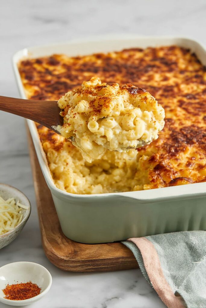 A wooden spoon lifting cheesy baked macaroni from a dish, representing Father Day Food Ideas.