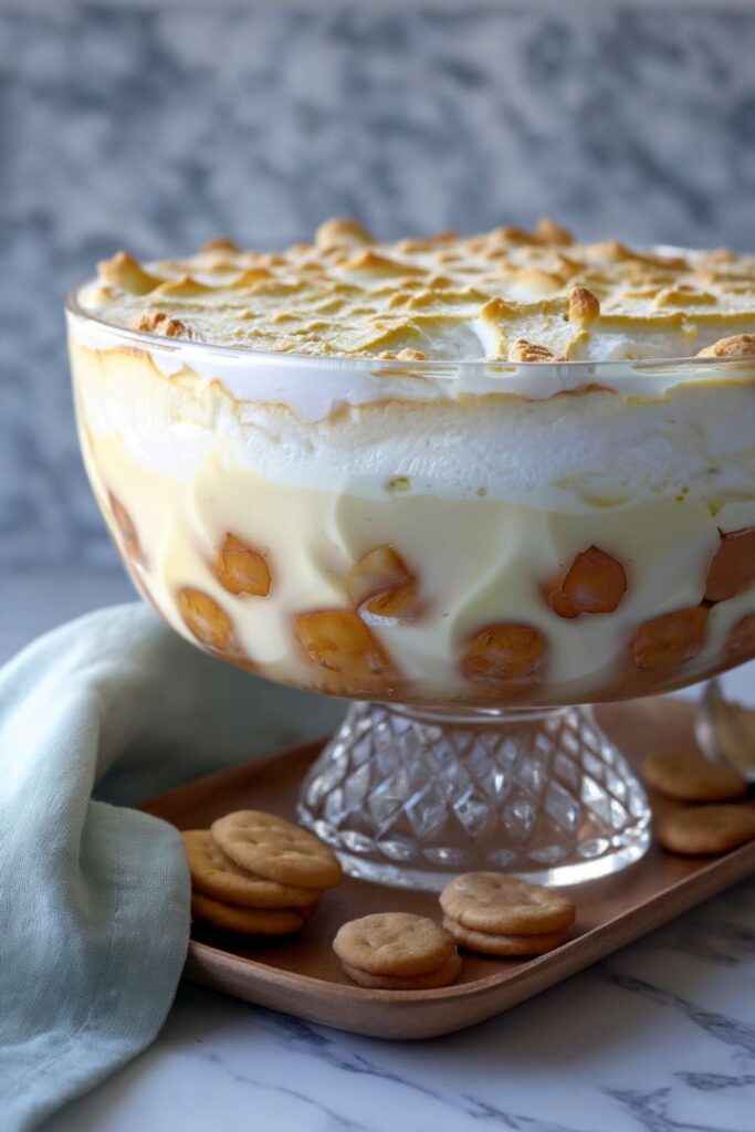 A glass trifle bowl filled with layered banana pudding and toasted meringue for Father’s Day Supper Ideas.