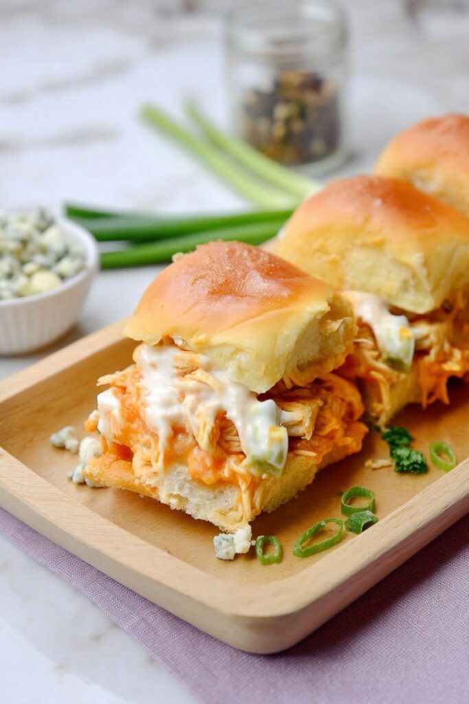 Shredded buffalo chicken sliders with blue cheese dressing as food for 4th of july party.