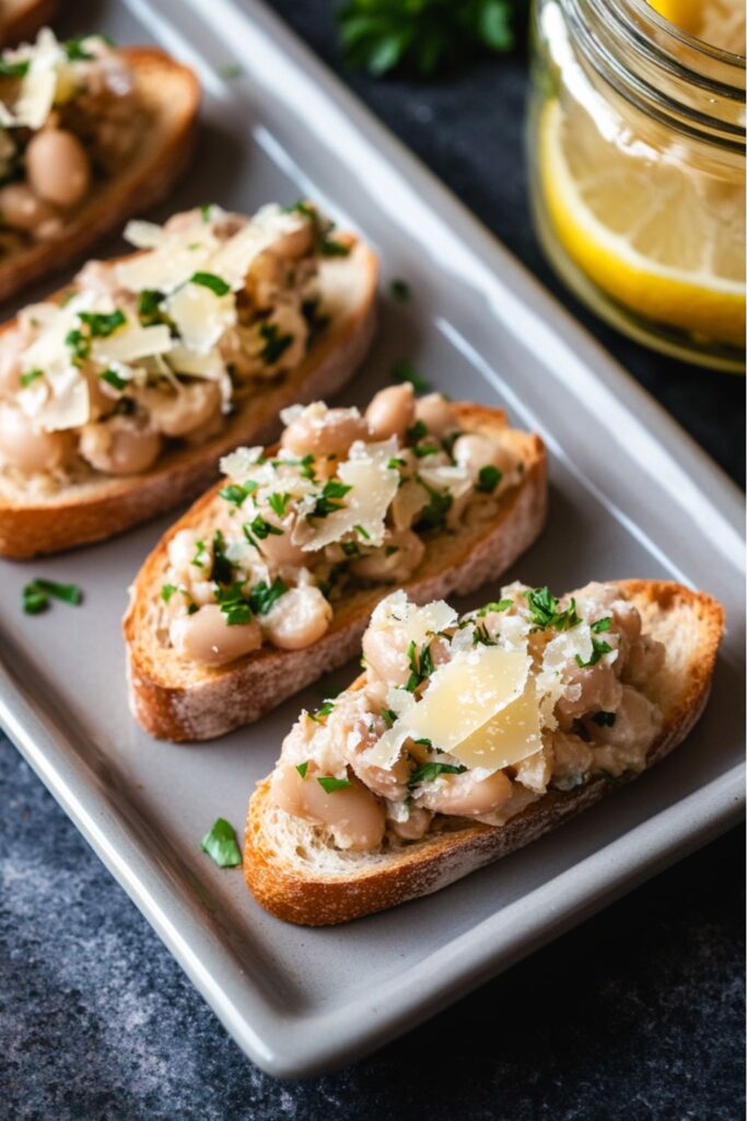 Toasted baguette slices topped with smashed white beans and parsley, a classic choice for usa appetizers.