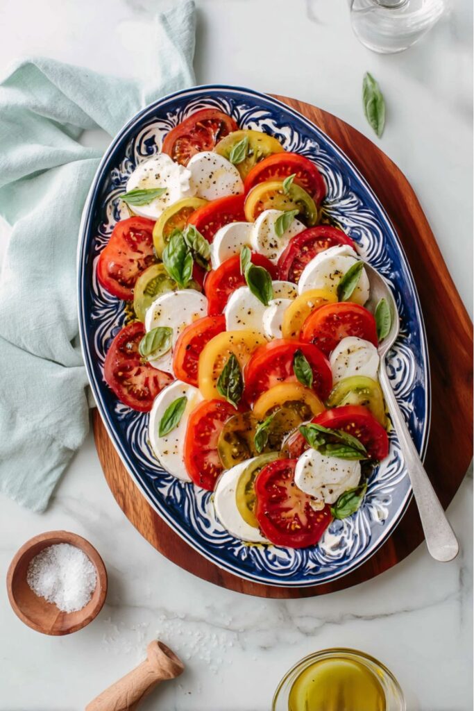 A platter of sliced heirloom tomatoes and mozzarella cheese, one of the fresh cookout side dishes.
