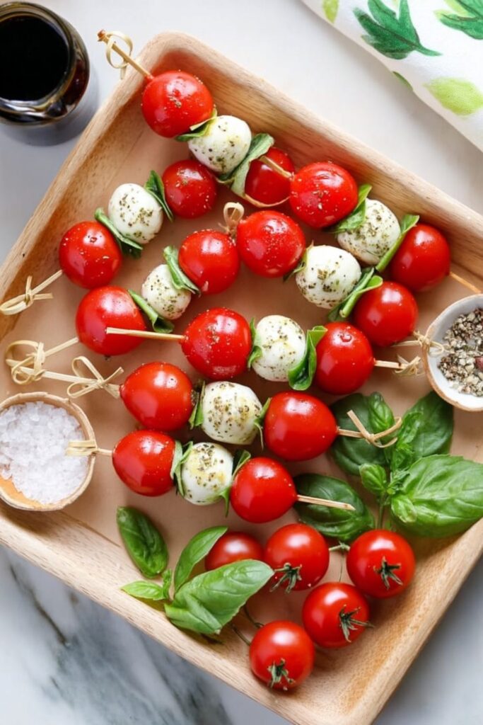 Fresh tomato and mozzarella caprese skewers, a perfect choice for easy fourth of july appetizers.
