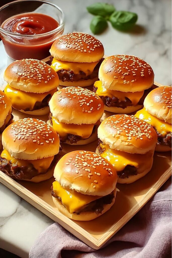 Mini cheeseburger sliders with sesame seeds, a classic choice for fourth of july party appetizers.