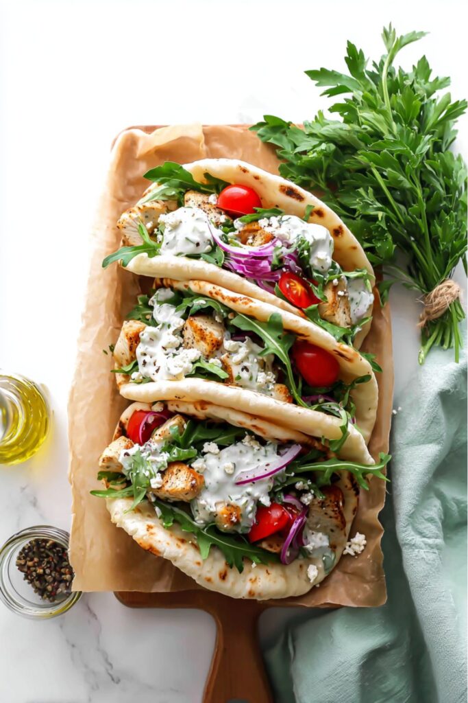 Three chicken souvlaki pitas with tzatziki and tomatoes for Best Father's Day Meal Ideas.