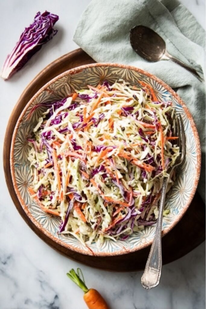 A bowl of shredded purple and green cabbage coleslaw, a staple bbq side dishes.