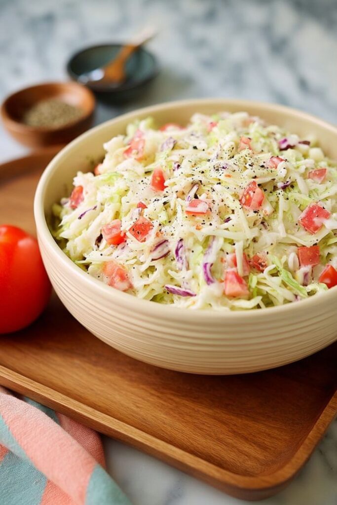 A bowl of tri-color coleslaw with diced tomatoes, a standout from Meals For Father's Day.