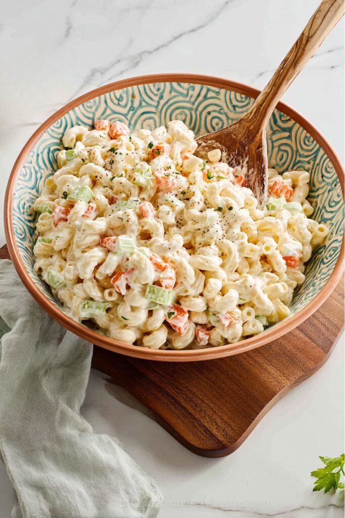A bowl of creamy macaroni salad with carrots and celery, perfect picnic side dishes.