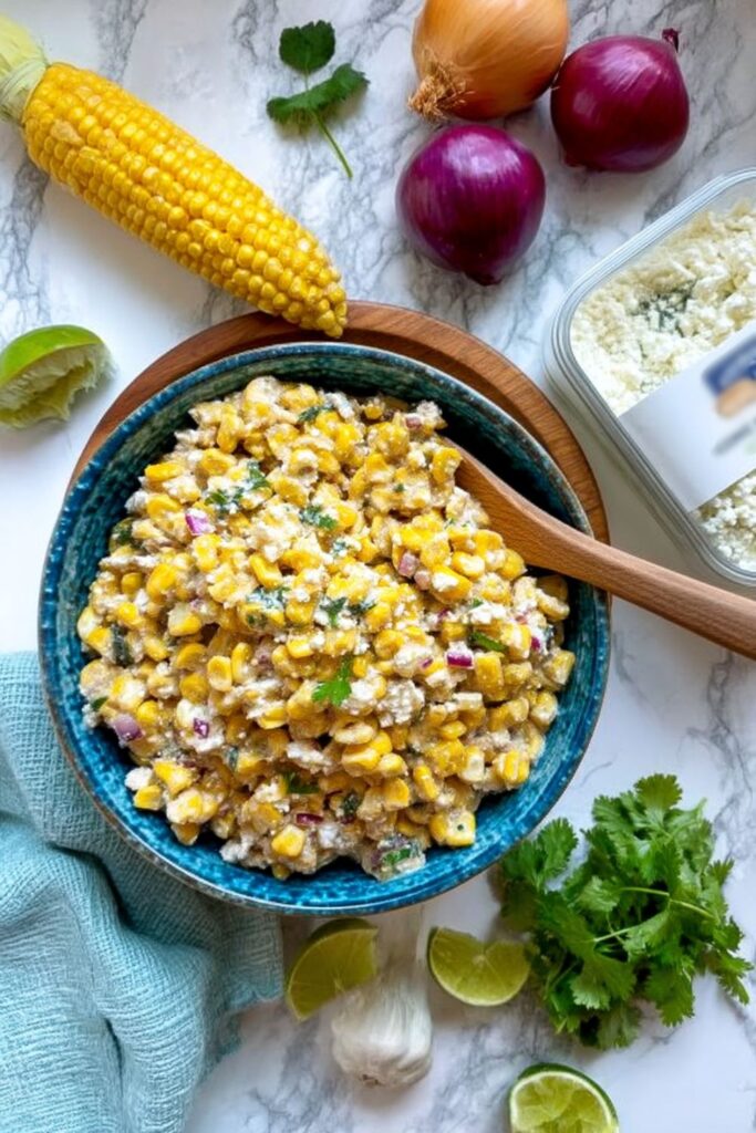 Mexican street corn salad bowl surrounded by lime and cilantro for USA appetizers.