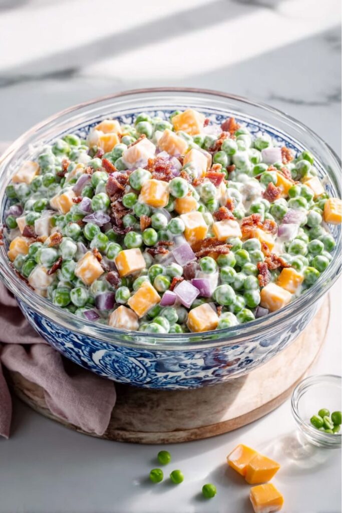 A glass bowl of creamy green pea salad with bacon and cheese, ideal cookout sides.