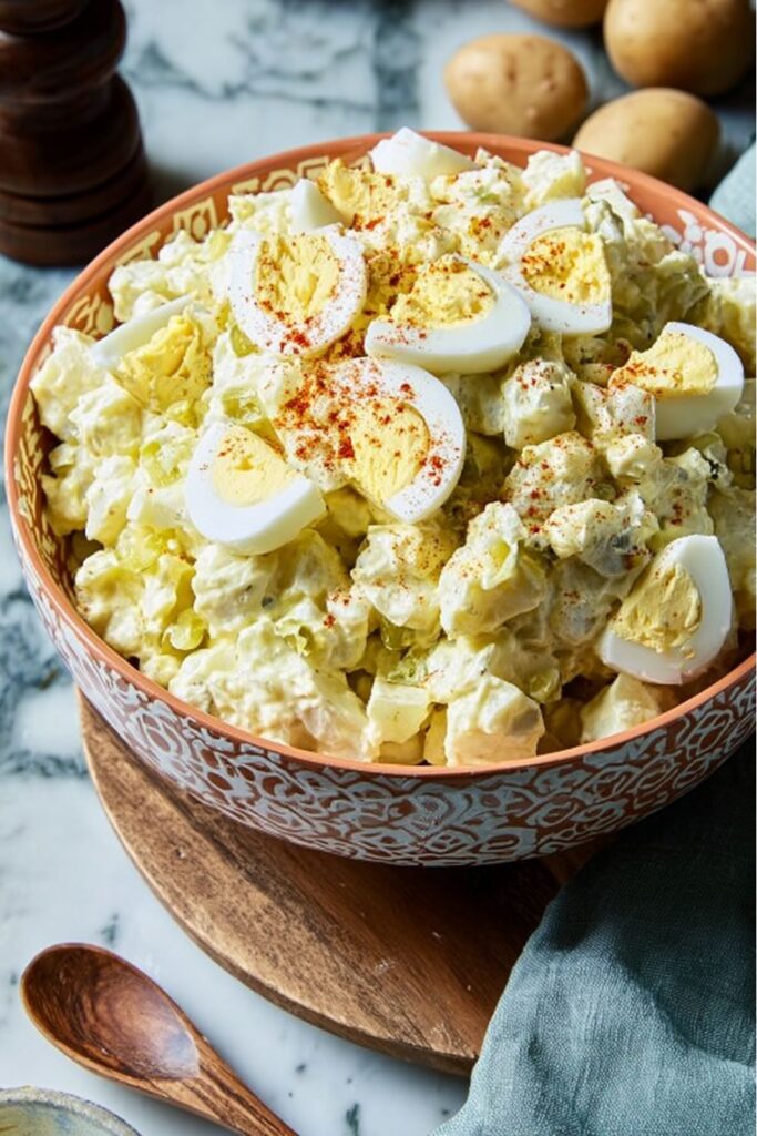 A bowl of creamy potato salad topped with egg slices and paprika, perfect Food For Father's Day.