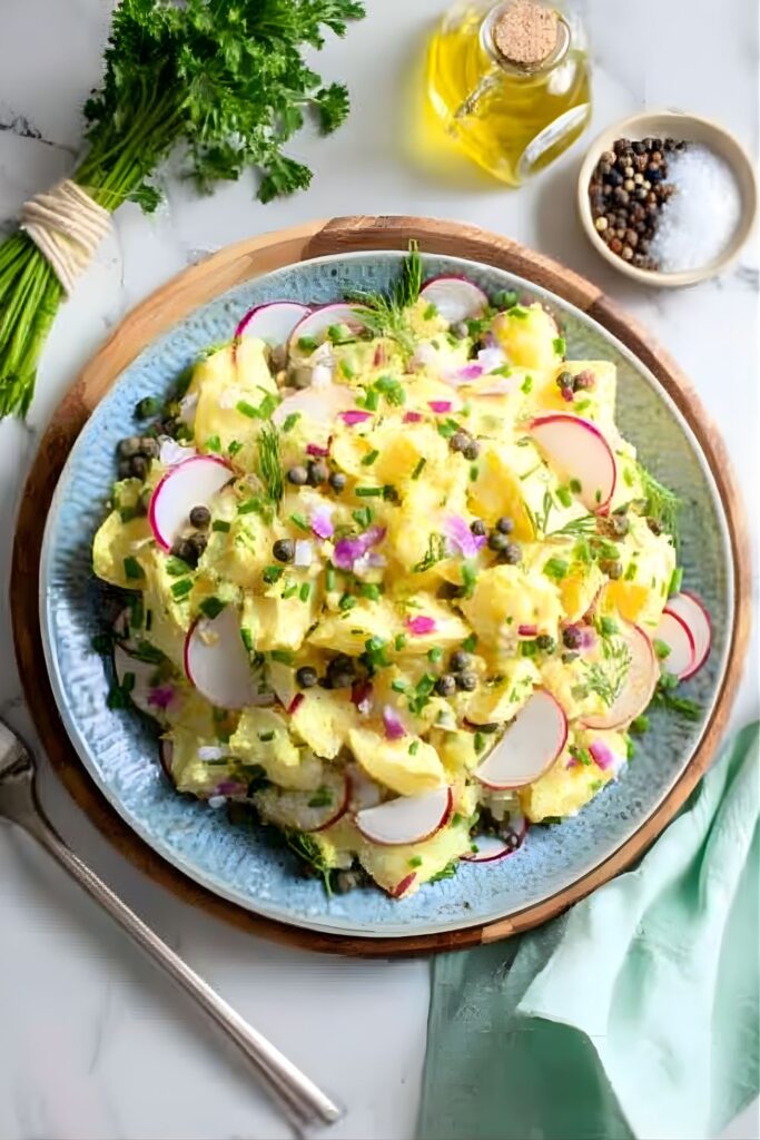 Creamy potato salad topped with radishes and herbs, a great example of Hearty Salads.