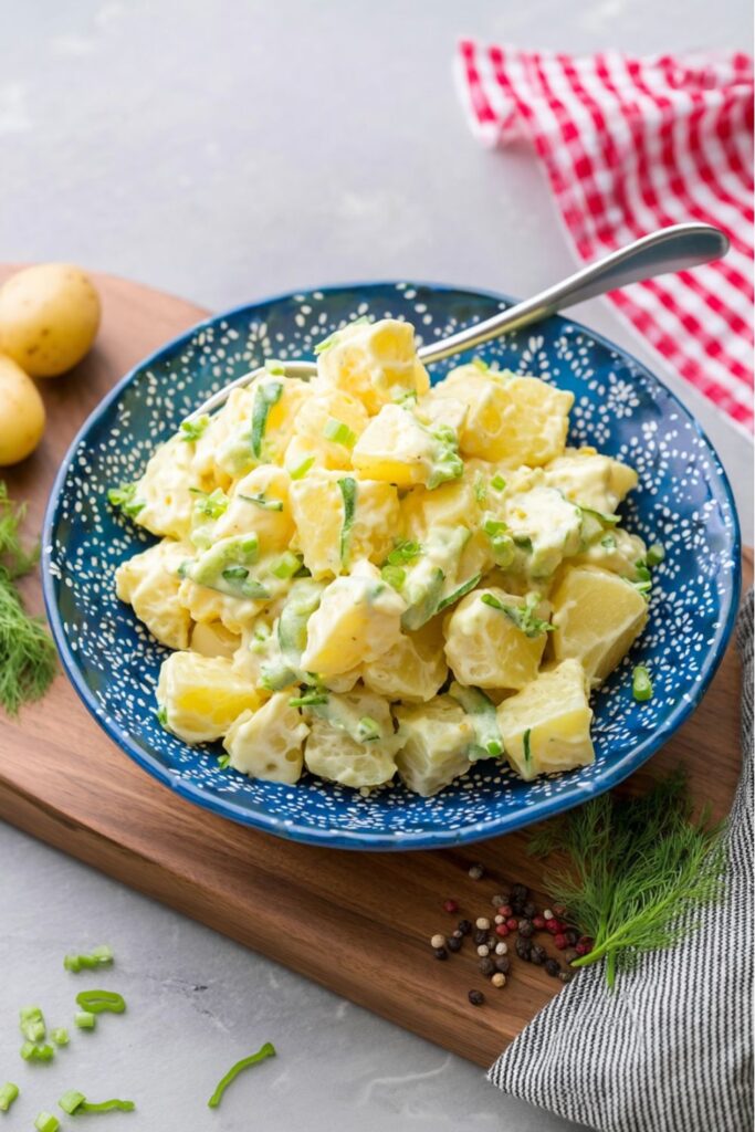 A bowl of creamy yellow potato salad with green onions, perfect picnic side dishes.