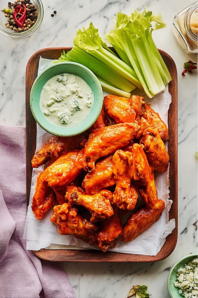 Spicy buffalo chicken wings with blue cheese dip, a standout among fourth of july easy snacks.