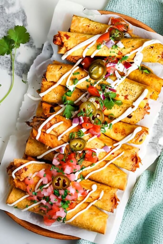 Crispy rolled chicken taquitos topped with cream and salsa for 4th of july party appetizers.