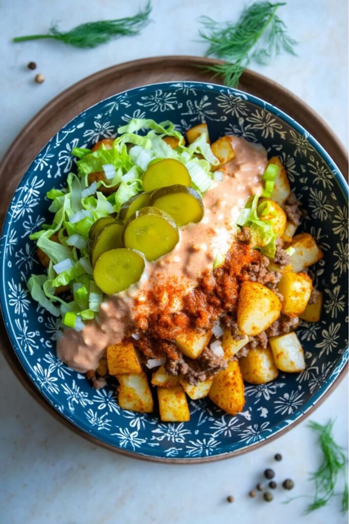 A bowl of crispy smashed potatoes topped with seasoned beef and 4th of july savory food.