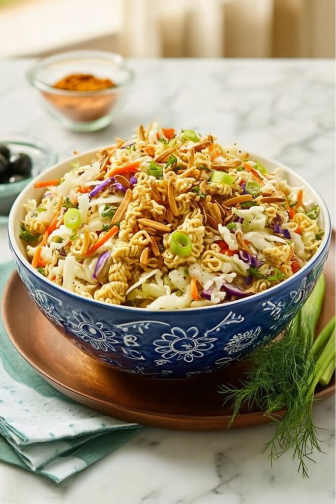 A bowl of oriental salad with crunchy ramen noodles, perfect party side dishes for summer.