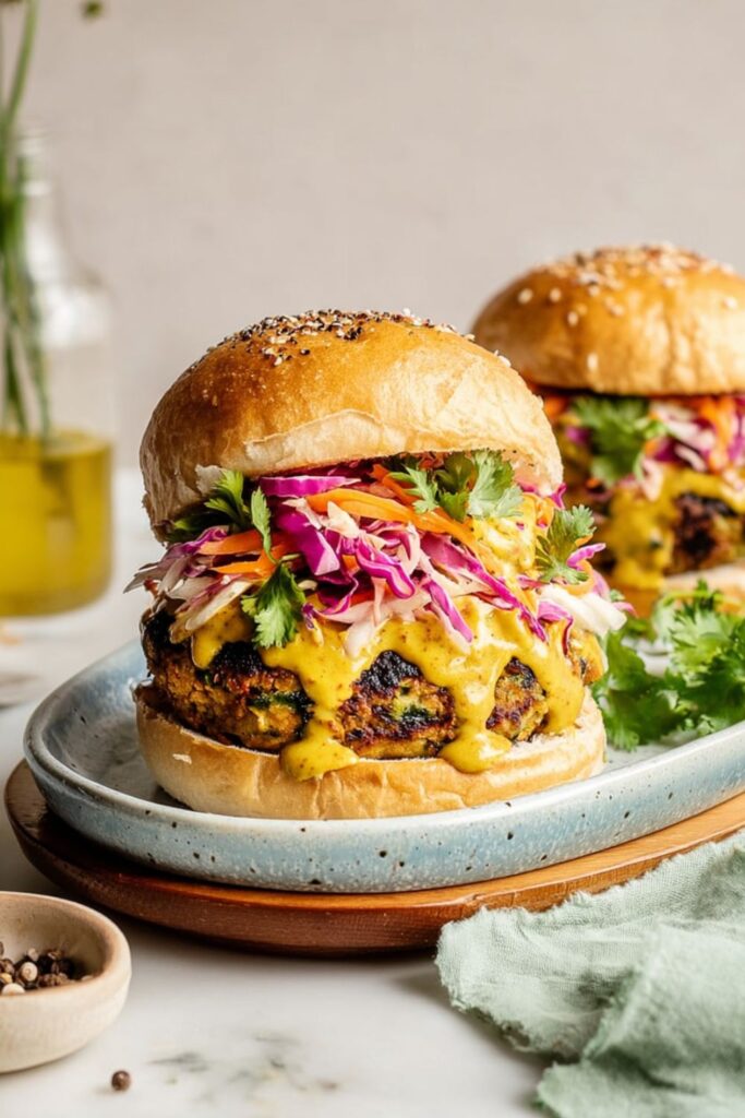 A juicy curried turkey burger with colorful slaw and dripping yellow sauce for Father's Day.