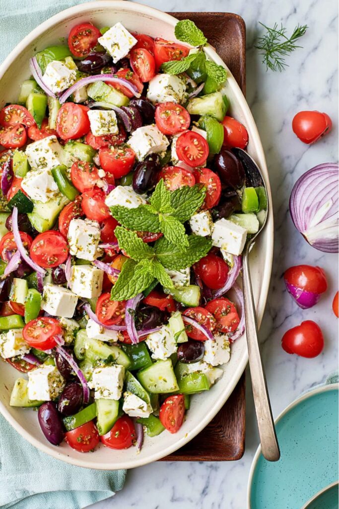 A platter of fresh Greek salad with feta and olives, great side dishes for bbq.