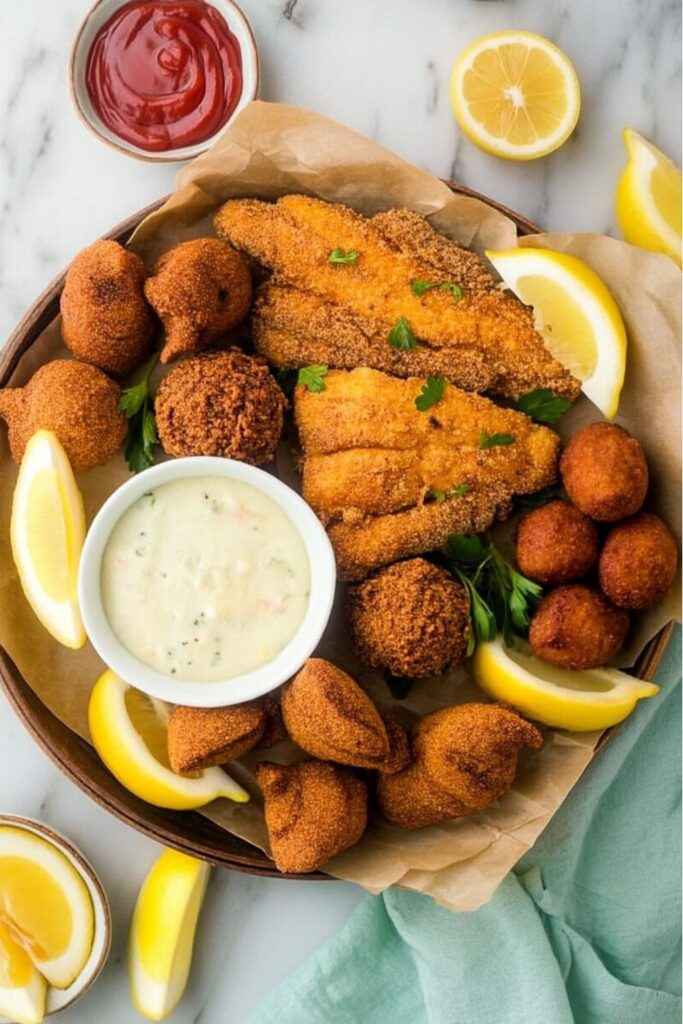 Golden fried catfish and hush puppies with lemon wedges, a standout from Fathers Day Recipes.