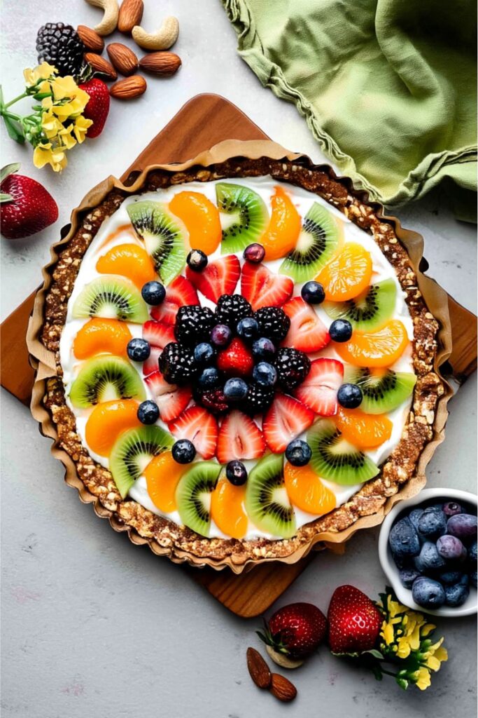 A colorful fruit tart with berries and kiwi, a great example of Plant-Based Recipes.