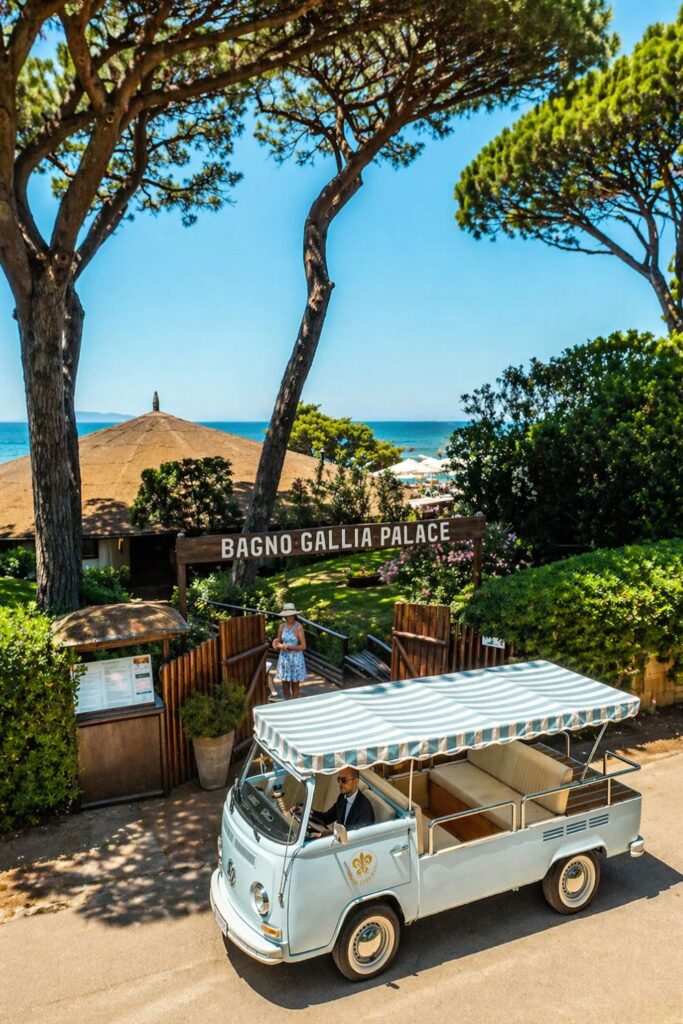 Bagno Gallia Palace entrance and beach shuttle, a refined Beach Hotels in Tuscany scene in Punta Ala