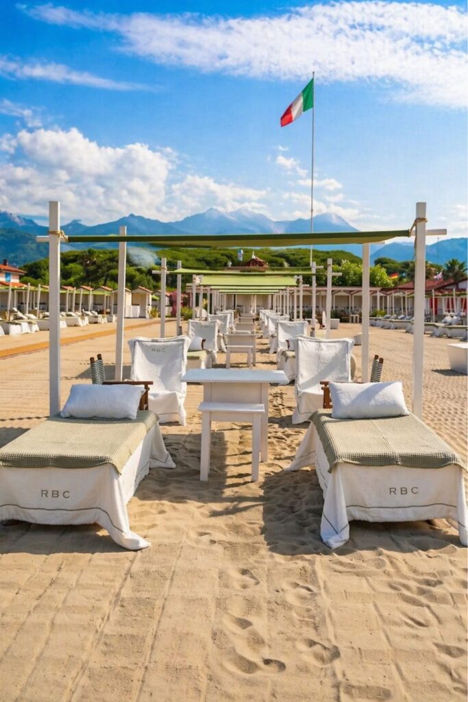 Grand Hotel Imperiale beach club cabanas and sand, a refined Beach Hotels in Tuscany scene in Forte dei Marmi