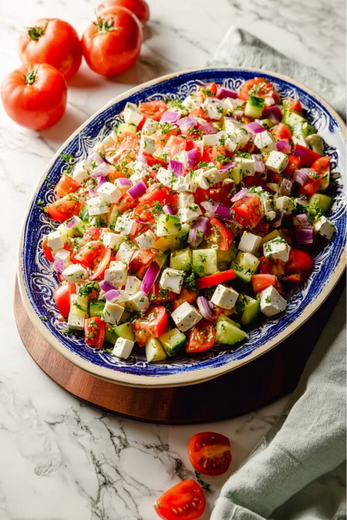 A vibrant bowl of diced cucumbers, tomatoes, and feta, one of the July 4th salads.