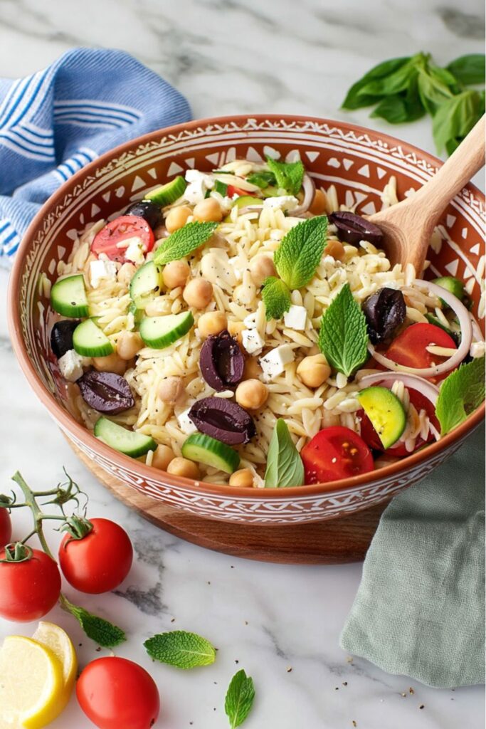 A patterned bowl filled with Greek orzo salad, a vibrant dish ideas for potluck.