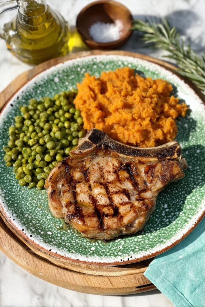 A grilled bone-in pork chop served with mashed sweet potatoes and peas, a Father’s Day Meals.
