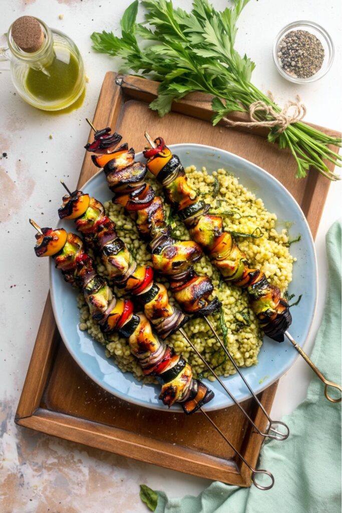 Charred chicken and vegetable skewers over basil couscous, a standout from Roasted Vegetables.