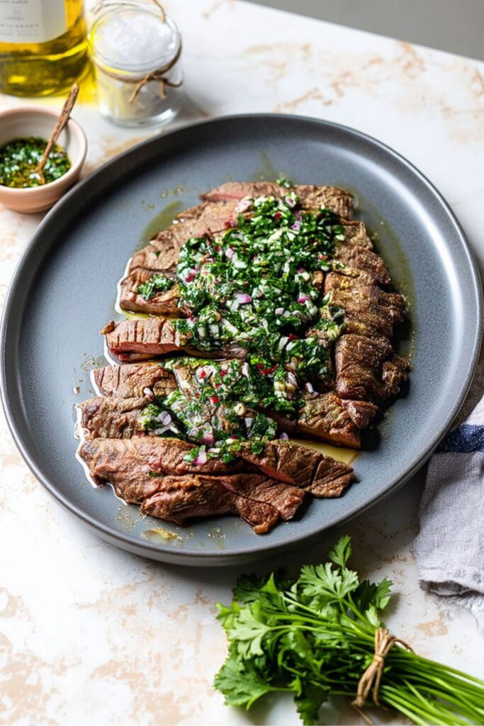 Sliced grilled flank steak topped with fresh green chimichurri sauce for Healthy Father's Day Recipes.