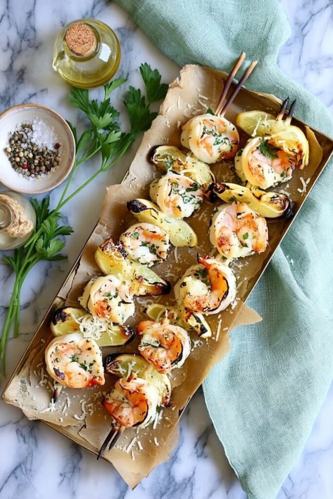 Grilled shrimp and lemon skewers on a tray, a great example of Father’s Day Meal.