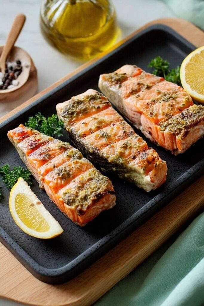 Three herb and mustard glazed baked salmon fillets served with lemon wedges and fresh parsley.