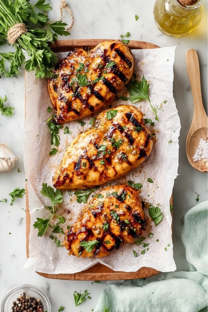 Three pieces of honey mustard Grilled Chicken with char marks on a wooden serving board.