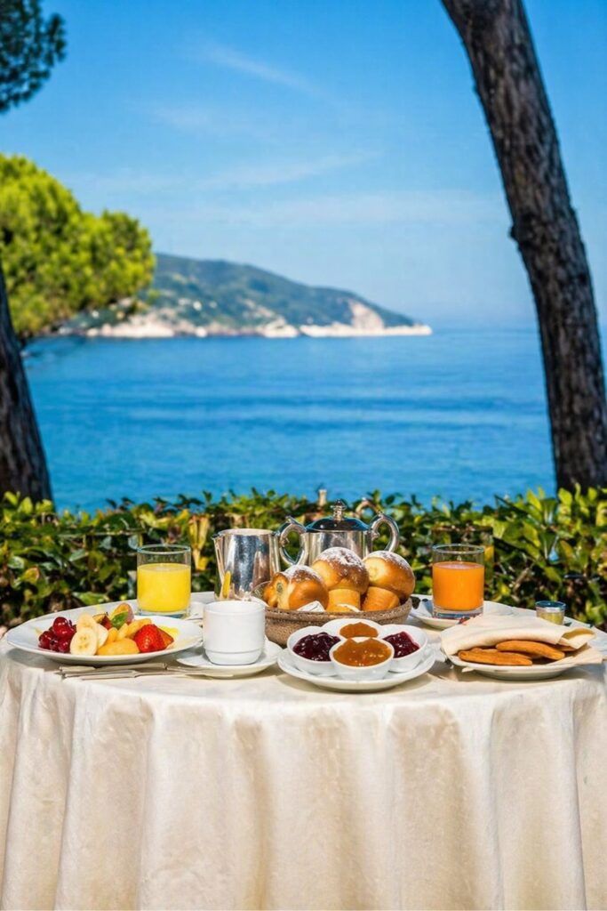 Hotel Biodola breakfast terrace over the bay, a dreamy Beach Hotels in Tuscany view on Elba Island