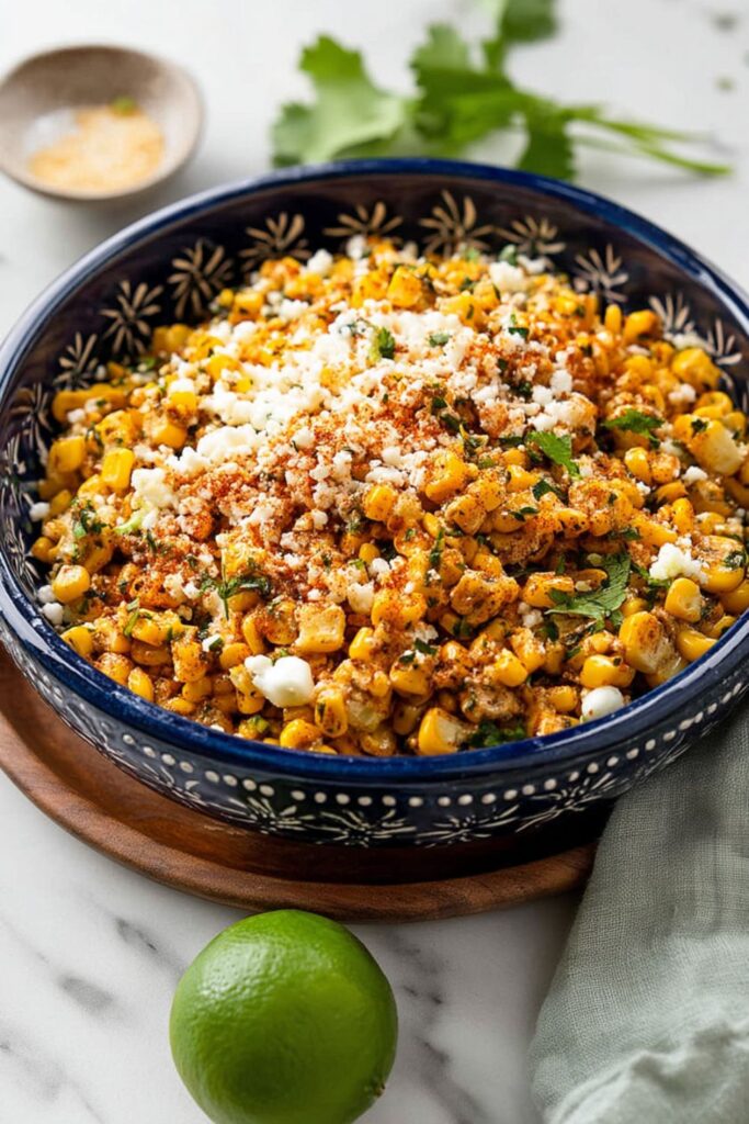 A bowl of Mexican street corn salad with cotija and lime, great easy bbq side dishes.