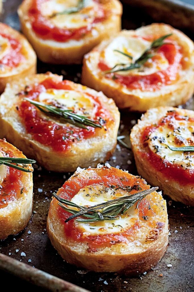 Small dinner roll pizzas with red sauce and melted mozzarella for 4th july appetizers food ideas.