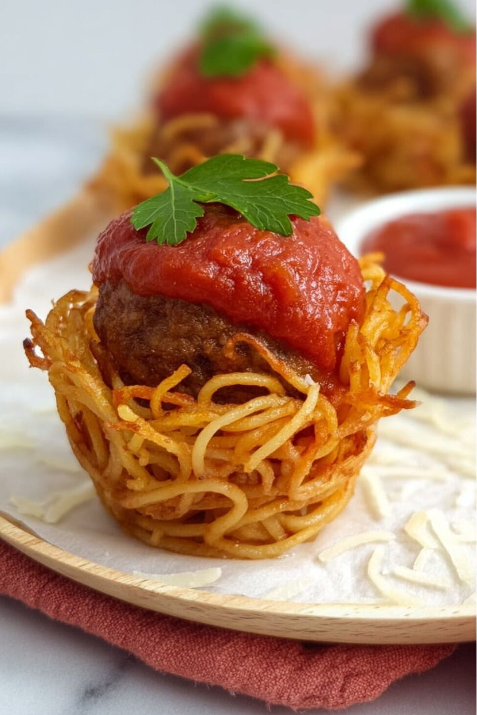 A single mini spaghetti nest topped with a meatball and sauce, great for party side dishes.