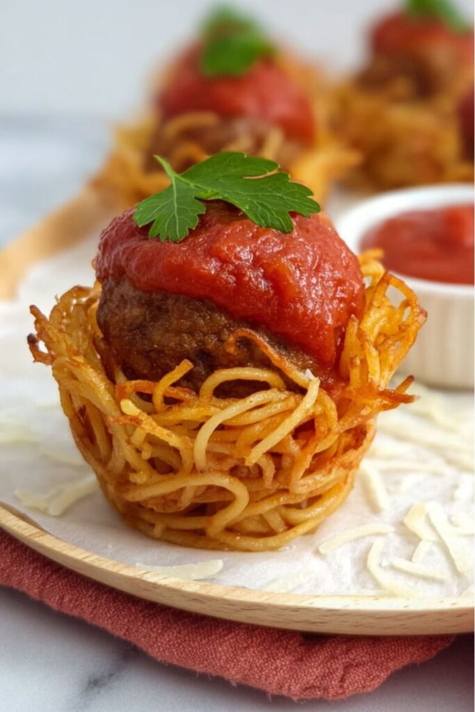 Bite-sized spaghetti nest topped with a meatball and red sauce for usa appetizers.