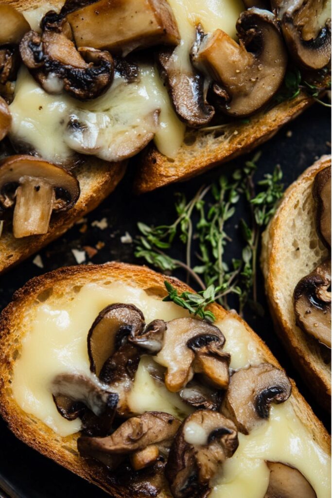 Grilled ciabatta topped with sautéed mushrooms and melted gruyere cheese for 4th of july horderves.