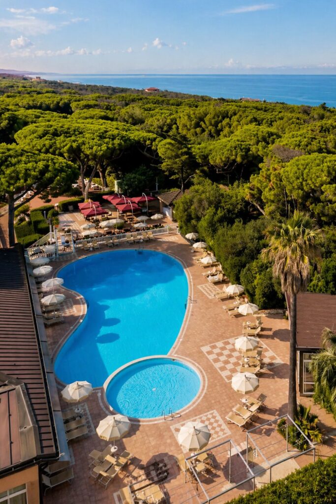 Park Hotel Marinetta pool and pine forest near the sea, a classic Beach Hotels in Tuscany view