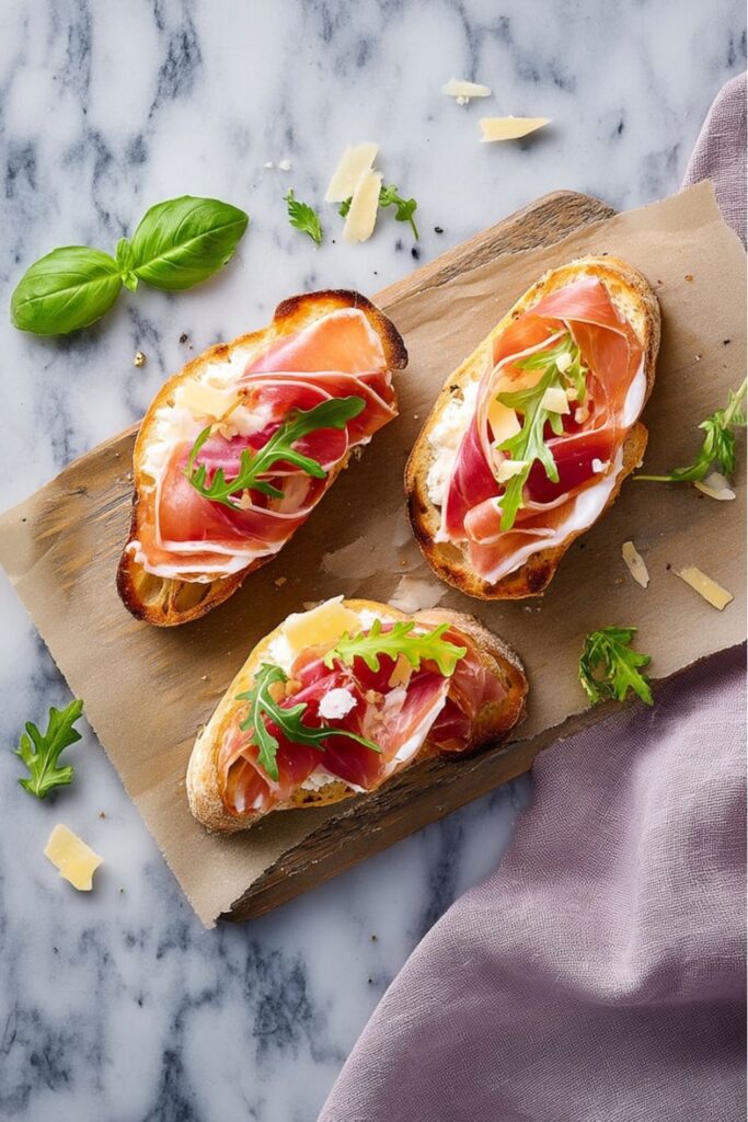 Toasted bread with prosciutto and cheese, a great example of fourth of july party appetizers.