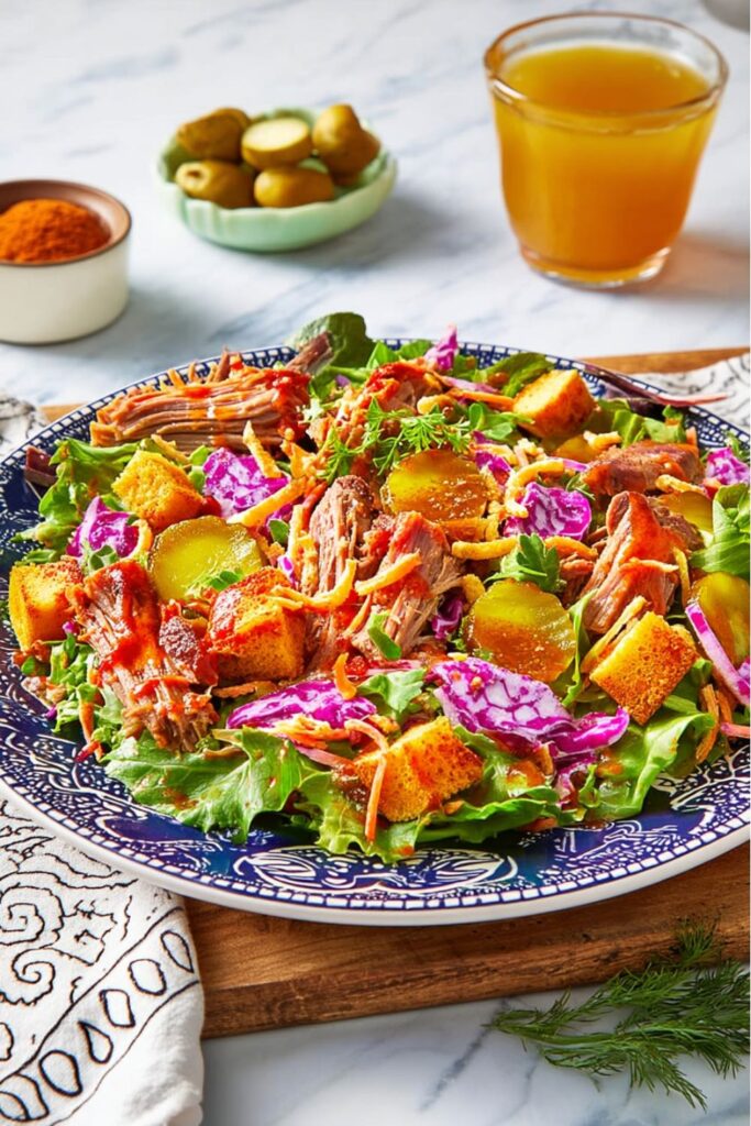 A platter of pulled pork salad with cornbread croutons, a hearty bbq side dishes option.