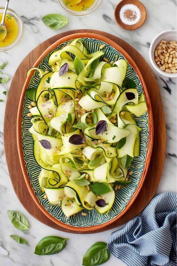 A platter of shaved zucchini ribbons with pine nuts, one of the easy sides for 4th of july.