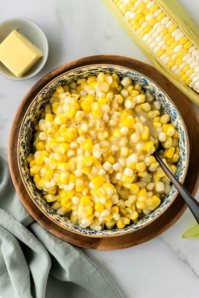 A bowl of creamy skillet fried corn, a great example of an Easy Father’s Day Meal.