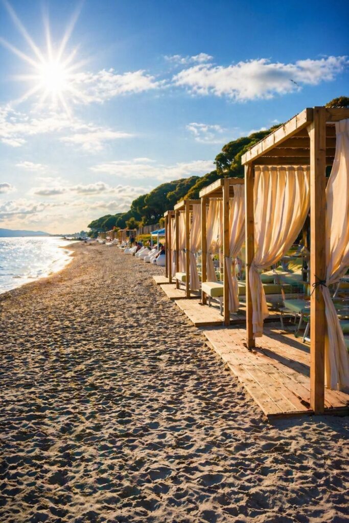 Beach cabanas at The Sense Experience Resort, a stylish Beach Hotels in Tuscany scene on the Maremma coast