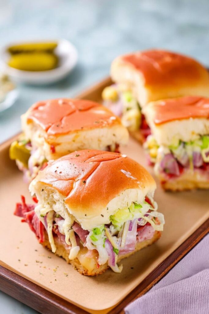 Toasted Italian sub sliders topped with fresh lettuce, a great example of food for 4th of july party.