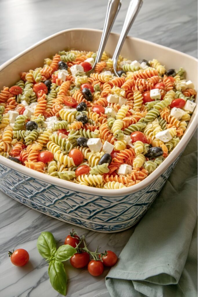 A large bowl of colorful rotini pasta salad, a classic choice for fourth of july food.