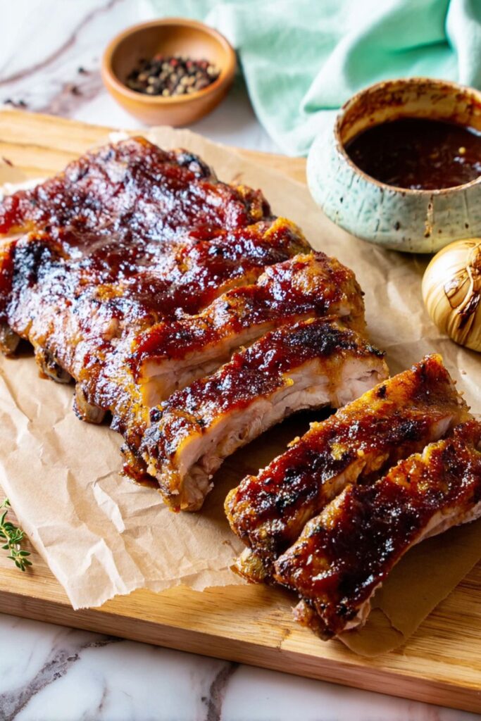 Sliced whiskey-glazed baby back ribs on parchment paper for Father’s Day Supper Ideas.